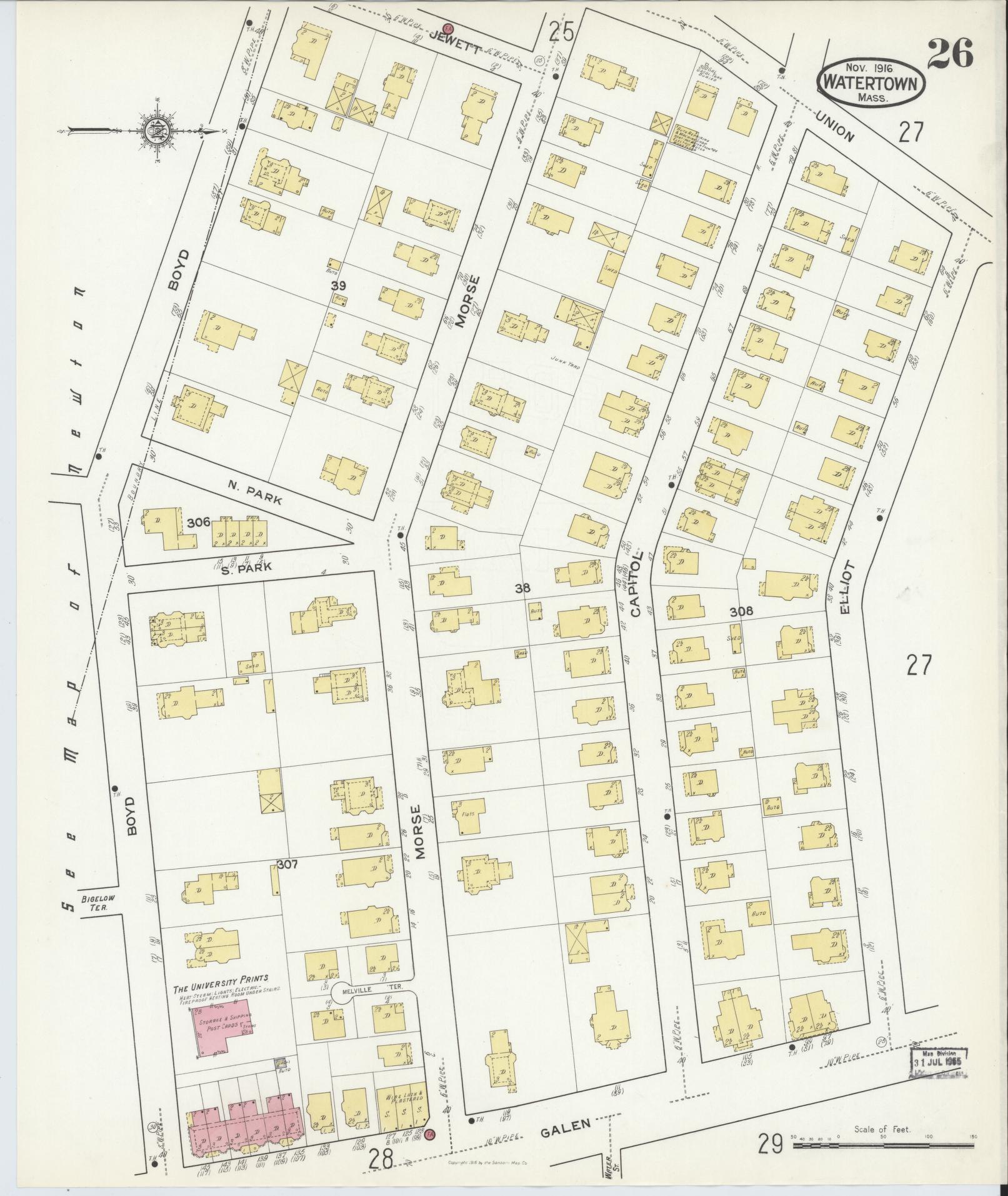 Sanborn Fire Insurance Map from Watertown, Middlesex County, Massachusetts (1916), Sheet #0026 - Complete Map Set gallery image, historic Sanborn map, vintage wall art, Massachusetts Massachusetts