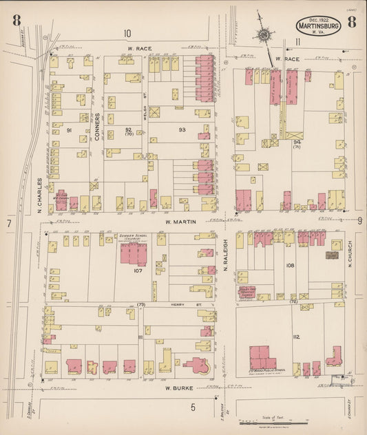 Sanborn Fire Insurance Map from Martinsburg, Berkeley County, West Virginia (1922), Sheet #0008 - Historic Sanborn Fire Insurance Map Print, vintage old map wall art, antique decor, genealogy gift, West Virginia West Virginia map