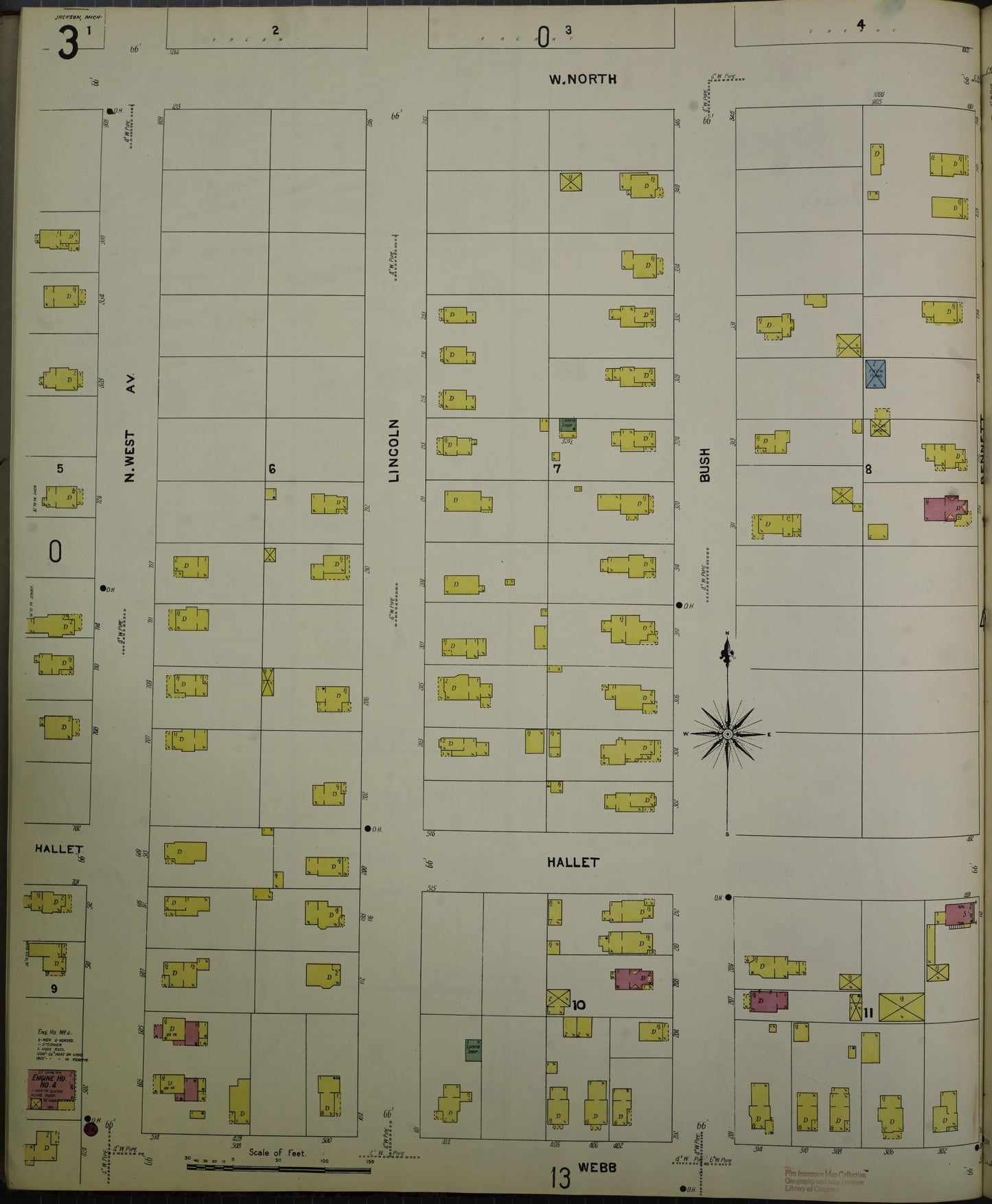 Sanborn Fire Insurance Map from Jackson, Jackson County, Michigan (1907), Sheet #0003 - Complete Map Set gallery image, historic Sanborn map, vintage wall art, Michigan Michigan