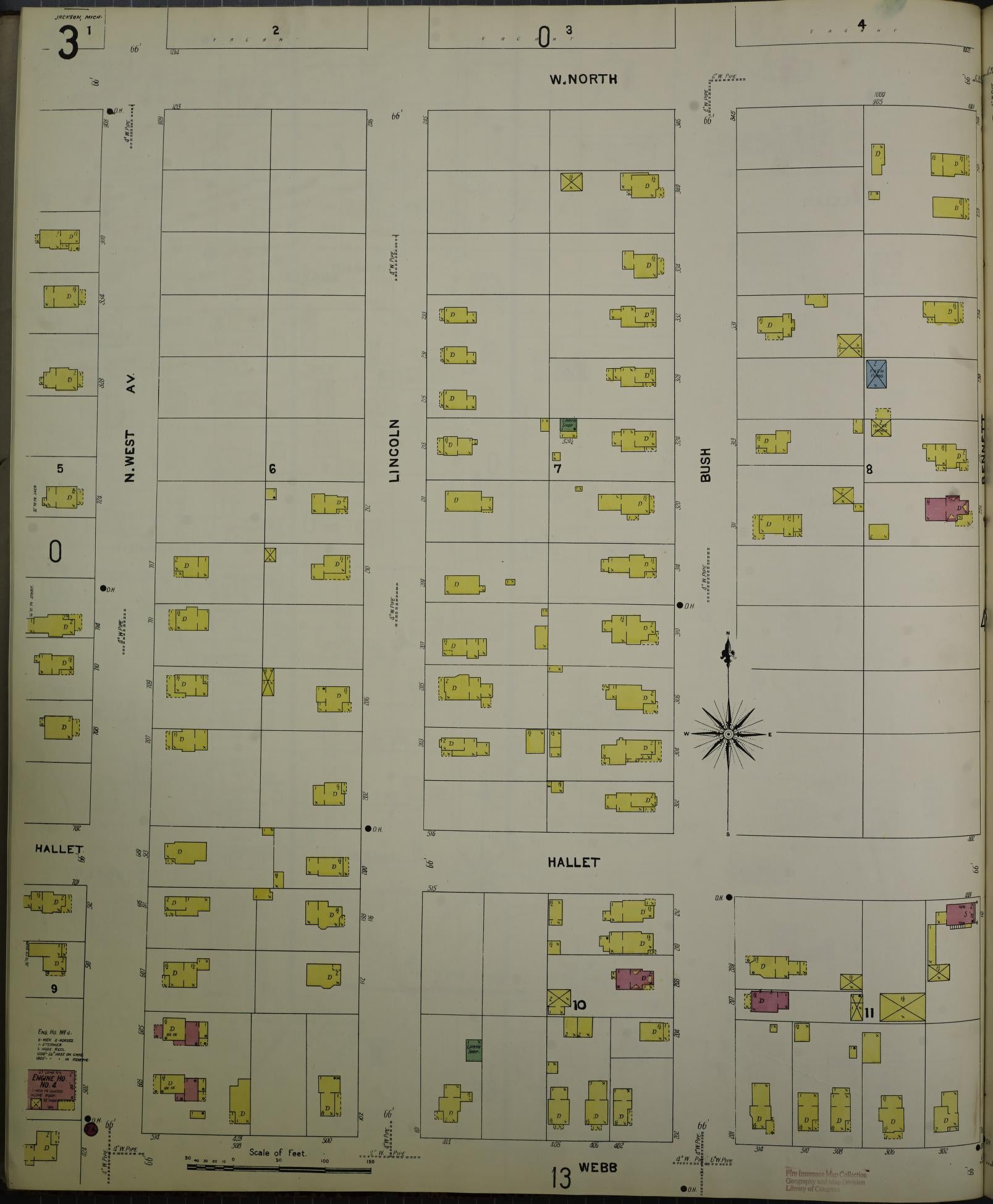 Sanborn Fire Insurance Map from Jackson, Jackson County, Michigan (1907), Sheet #0003 - Complete Map Set gallery image, historic Sanborn map, vintage wall art, Michigan Michigan