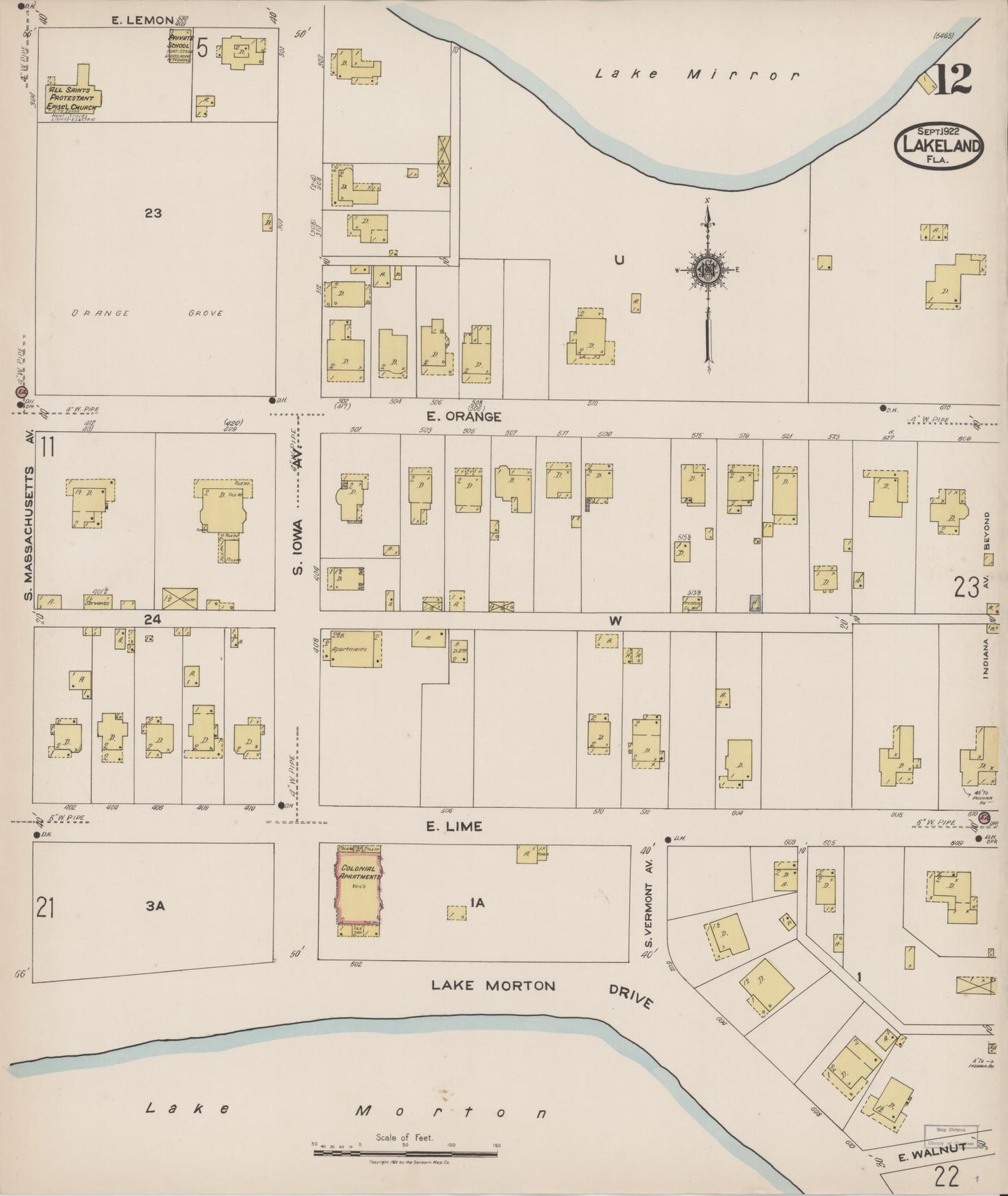 Sanborn Fire Insurance Map from Lakeland, Polk County, Florida (1922), Sheet #0012 - Complete Map Set gallery image, historic Sanborn map, vintage wall art, Florida Florida