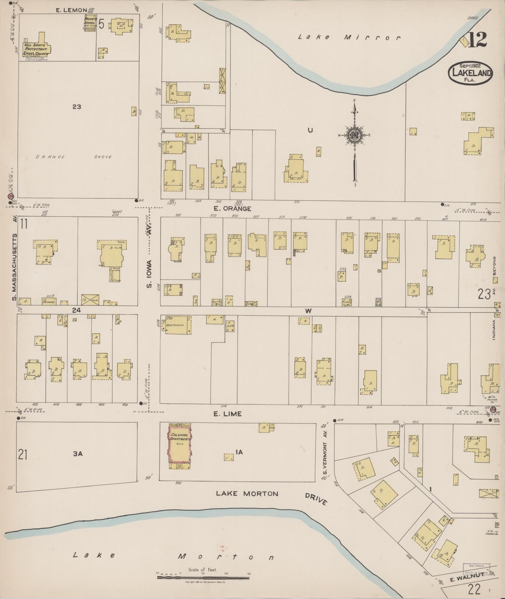 Sanborn Fire Insurance Map from Lakeland, Polk County, Florida (1922), Sheet #0012 - Complete Map Set gallery image, historic Sanborn map, vintage wall art, Florida Florida