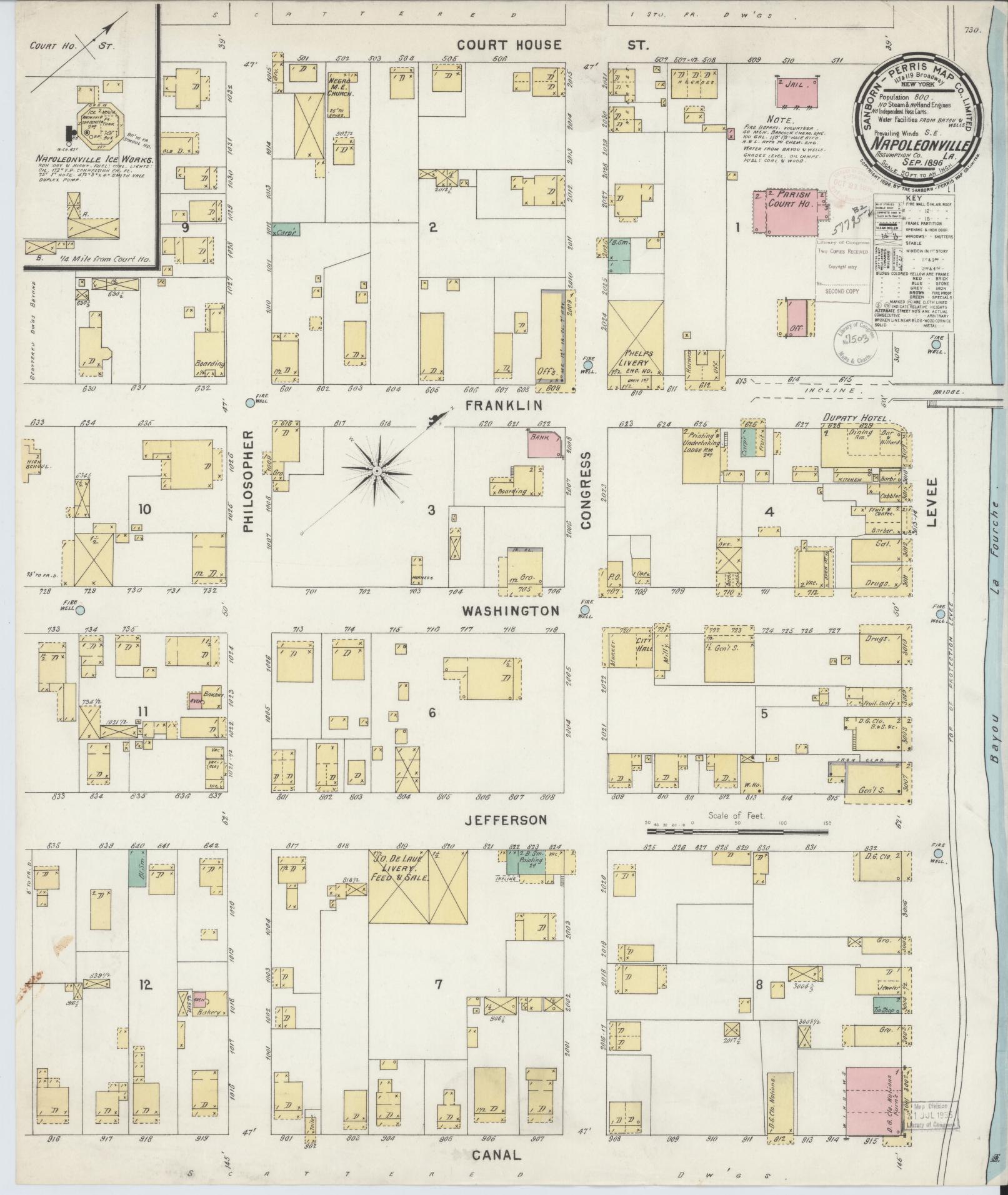 Sanborn Fire Insurance Map from Napoleonville, Assumption Parish, Louisiana (1896), Sheet #0001 - Historic Sanborn Fire Insurance Map Print, vintage old map wall art, antique decor, genealogy gift, Louisiana Louisiana map