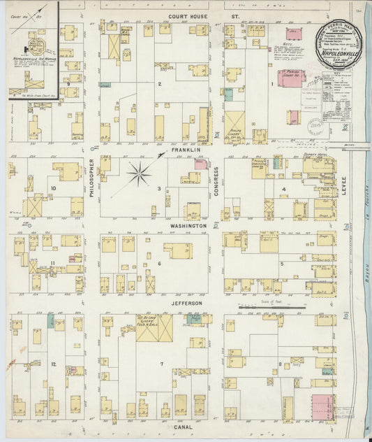 Sanborn Fire Insurance Map from Napoleonville, Assumption Parish, Louisiana (1896), Sheet #0001 - Historic Sanborn Fire Insurance Map Print, vintage old map wall art, antique decor, genealogy gift, Louisiana Louisiana map