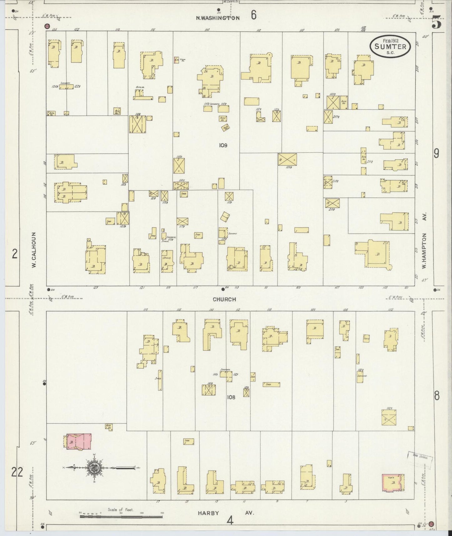 Sanborn Fire Insurance Map from Sumter, Sumter County, South Carolina (1912), Sheet #0005 - Historic Sanborn Fire Insurance Map Print, vintage old map wall art, antique decor, genealogy gift, South Carolina South Carolina map