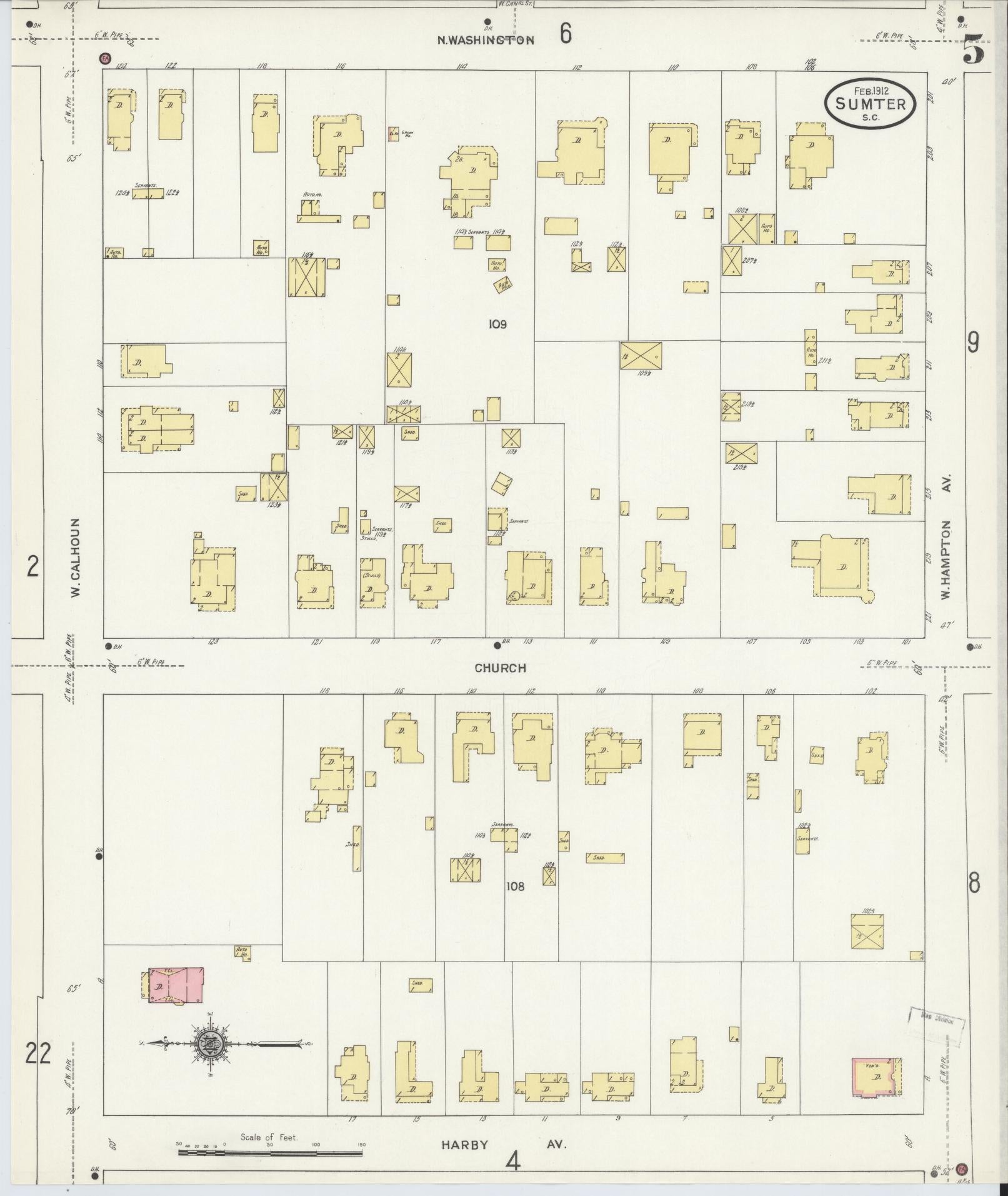 Sanborn Fire Insurance Map from Sumter, Sumter County, South Carolina (1912), Sheet #0005 - Historic Sanborn Fire Insurance Map Print, vintage old map wall art, antique decor, genealogy gift, South Carolina South Carolina map
