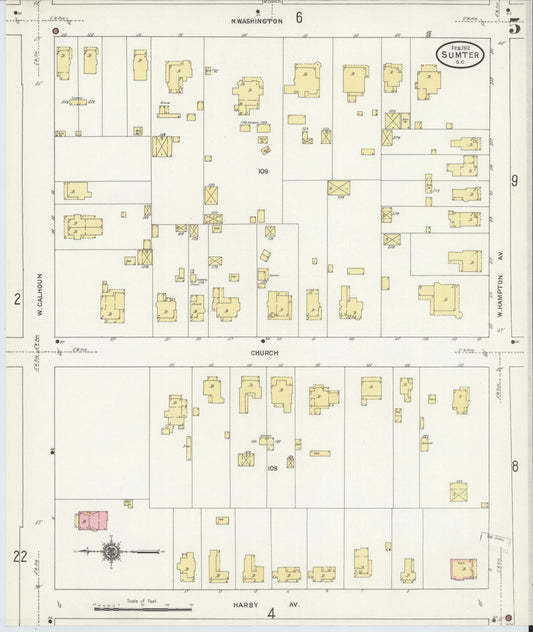 Sanborn Fire Insurance Map from Sumter, Sumter County, South Carolina (1912), Sheet #0005 - Historic Sanborn Fire Insurance Map Print, vintage old map wall art, antique decor, genealogy gift, South Carolina South Carolina map