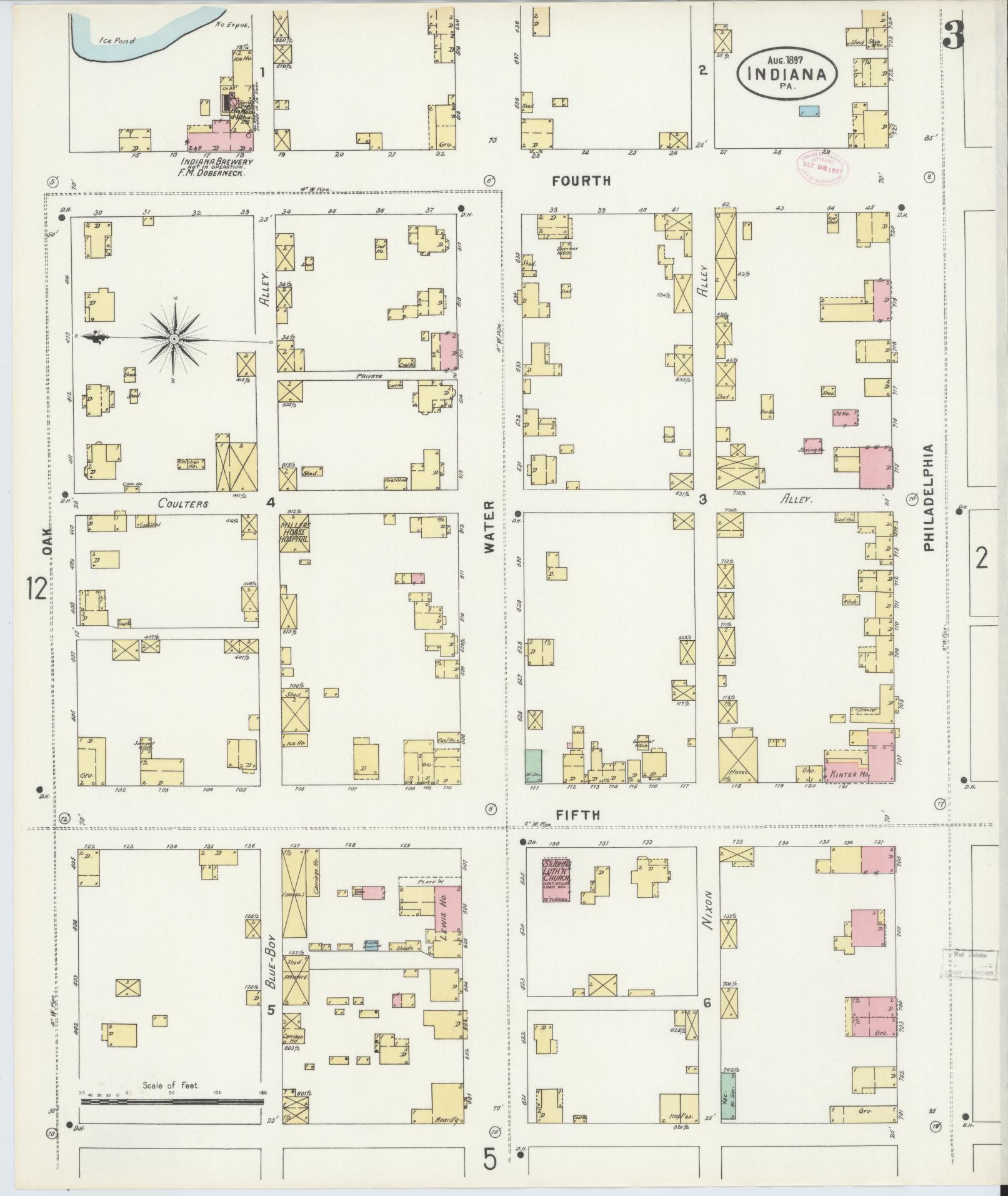 Sanborn Fire Insurance Map from Indiana, Indiana County, Pennsylvania (1888), Sheet #0003 - Historic Sanborn Fire Insurance Map Print, vintage old map wall art, antique decor, genealogy gift, Sanborn Fire Insurance Map from Indiana Indiana map