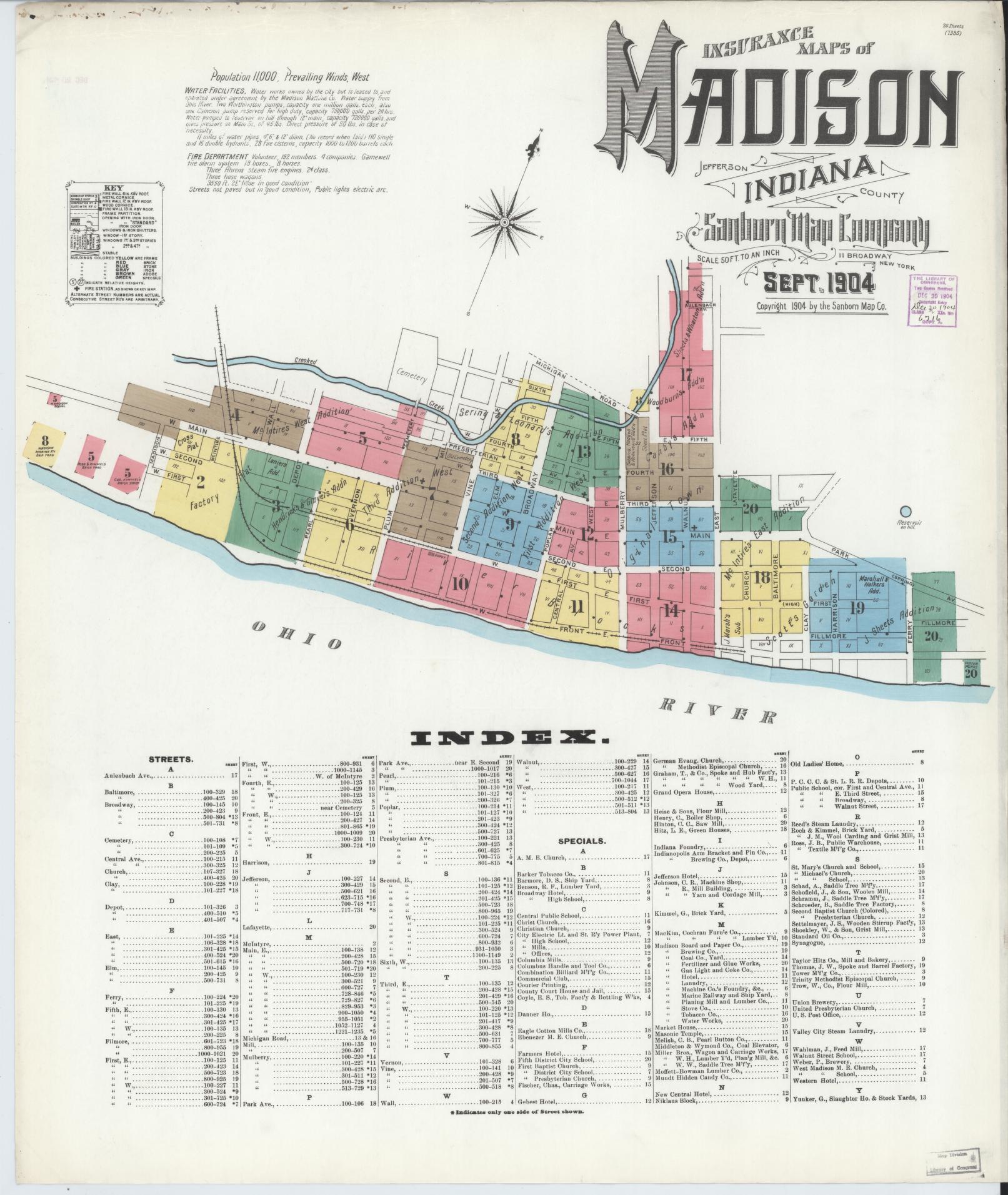 Sanborn Fire Insurance Map from Madison, Jefferson County, Indiana (1904), Sheet #0001 - Historic Sanborn Fire Insurance Map Print, vintage old map wall art, antique decor, genealogy gift, Indiana Indiana map