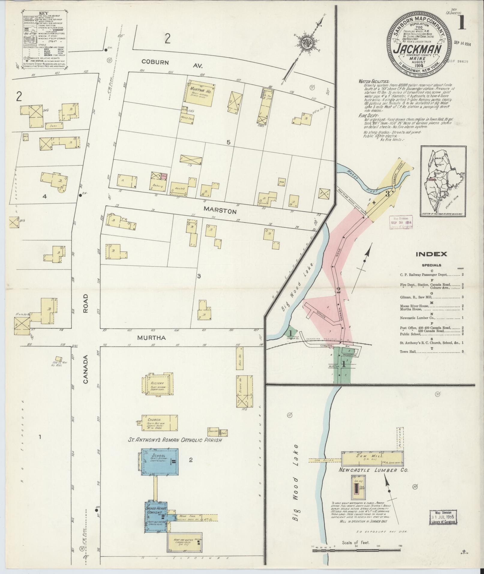 Sanborn Fire Insurance Map from Jackman, Somerset County, Maine (1914), Sheet #0001 - Complete Map Set gallery image, historic Sanborn map, vintage wall art, Maine Maine