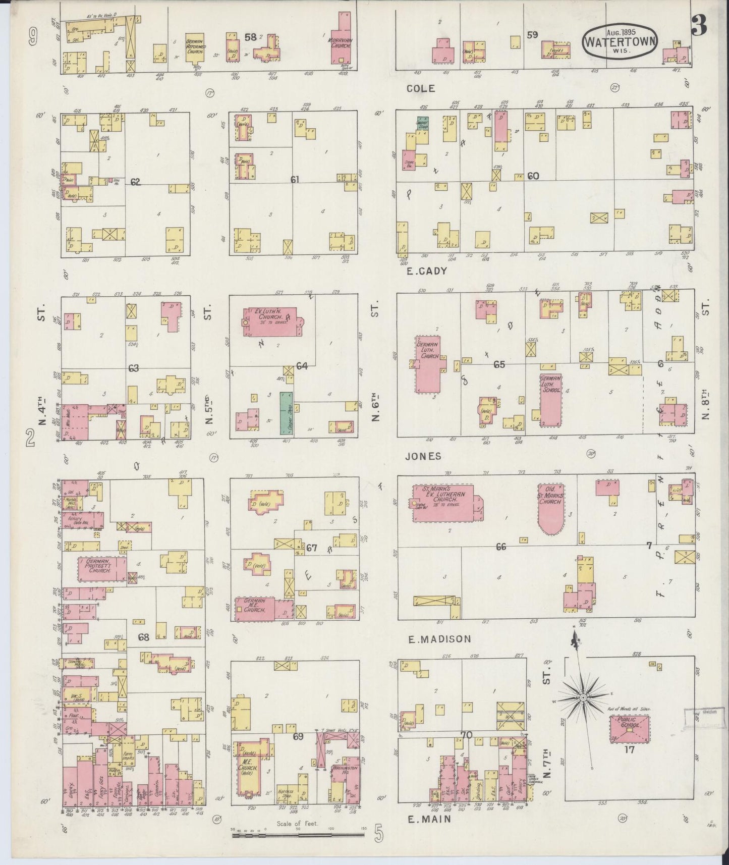 Sanborn Fire Insurance Map from Watertown, Jefferson County, Wisconsin (1895), Sheet #0003 - Historic Sanborn Fire Insurance Map Print, vintage old map wall art, antique decor, genealogy gift, Wisconsin Wisconsin map