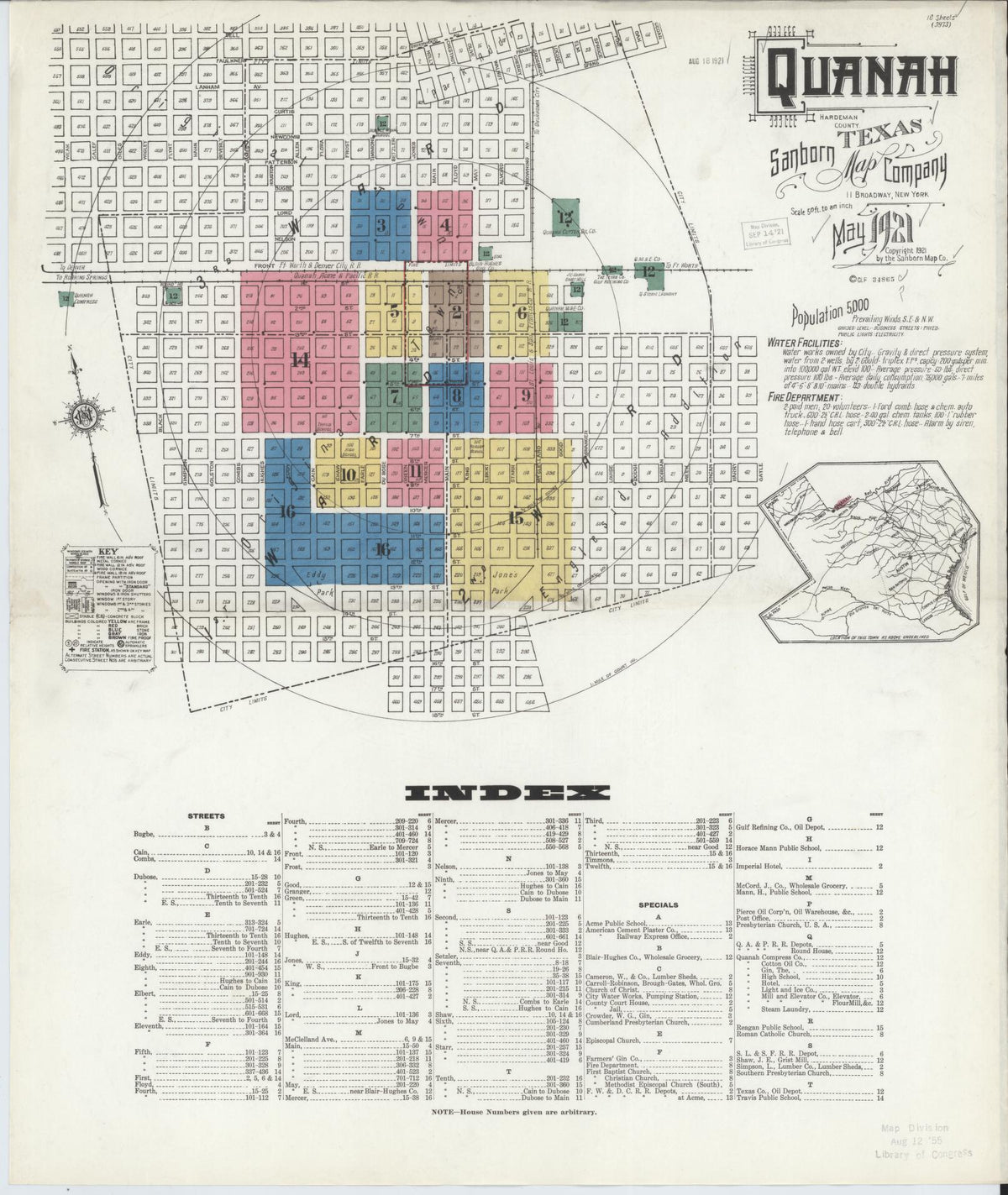 Sanborn Fire Insurance Map from Quanah, Hardeman County, Texas (1921), Sheet #0001 - Complete Map Set gallery image, historic Sanborn map, vintage wall art, Texas Texas
