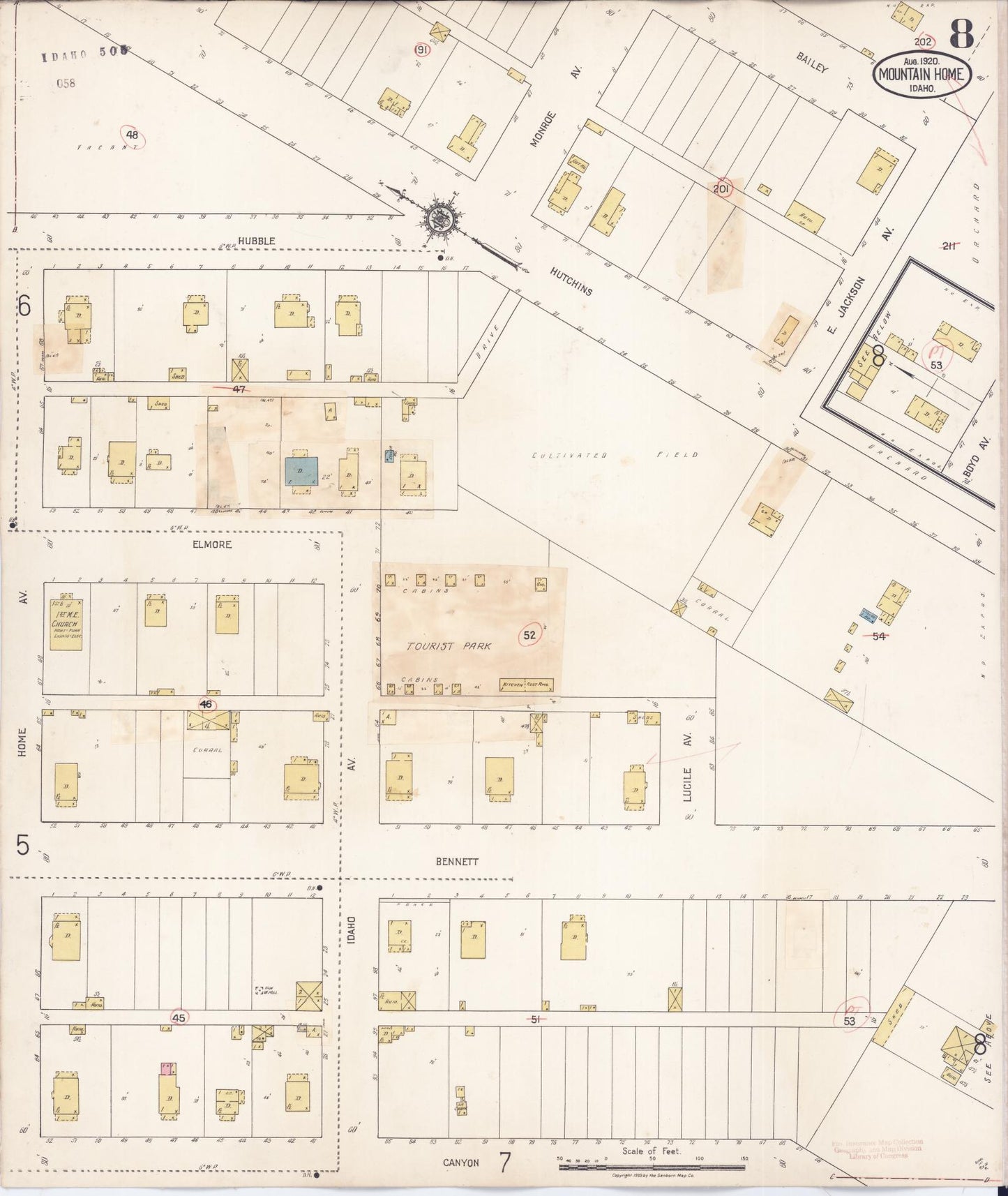 Sanborn Fire Insurance Map from Mountain Home, Elmore County, Idaho (1931), Sheet #0008 - Historic Sanborn Fire Insurance Map Print, vintage old map wall art, antique decor, genealogy gift, Idaho Idaho map