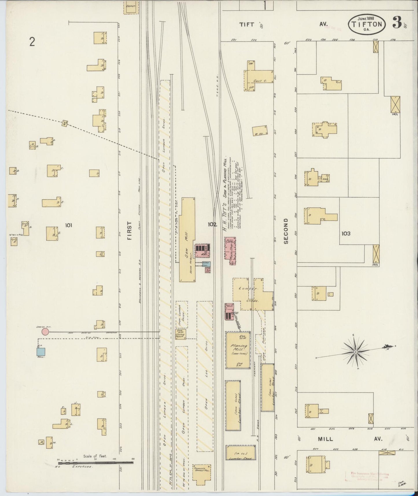Sanborn Fire Insurance Map from Tifton, Tift County, Georgia (1898), Sheet #0003 - Complete Map Set gallery image, historic Sanborn map, vintage wall art, Georgia Georgia