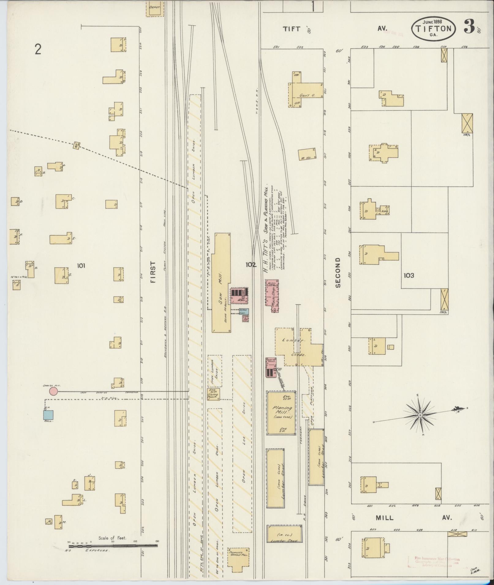 Sanborn Fire Insurance Map from Tifton, Tift County, Georgia (1898), Sheet #0003 - Complete Map Set gallery image, historic Sanborn map, vintage wall art, Georgia Georgia
