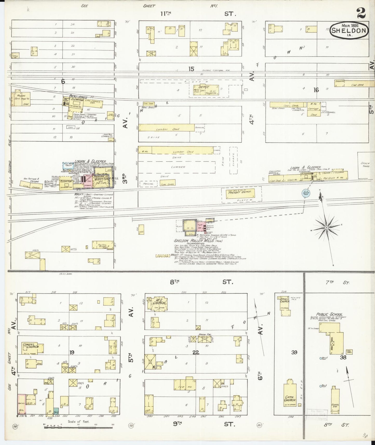 Sanborn Fire Insurance Map from Sheldon, O'Brien County, Iowa (1892), Sheet #0002 - Historic Sanborn Fire Insurance Map Print, vintage old map wall art