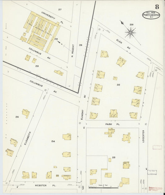 Sanborn Fire Insurance Map from Port Chester, Westchester County, New York (1908), Sheet #0008 - Historic Sanborn Fire Insurance Map Print, vintage old map wall art, antique decor, genealogy gift, New York New York map