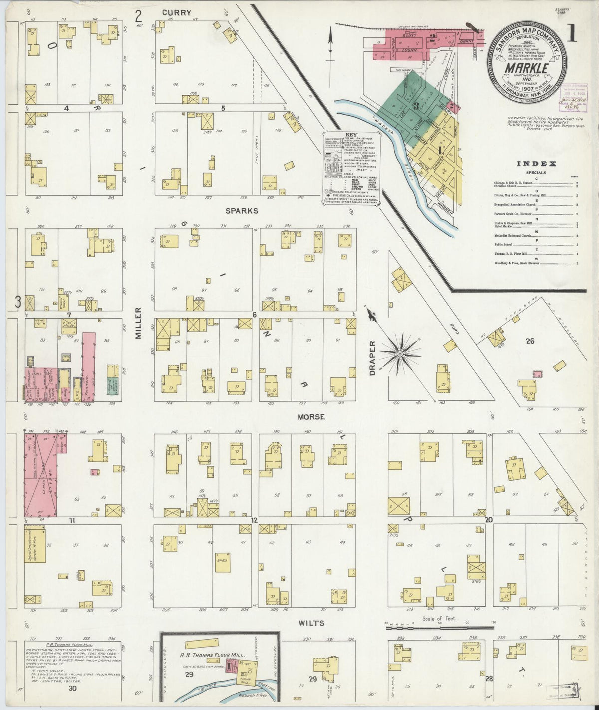 Sanborn Fire Insurance Map from Markle, Huntington County, Indiana (1907), Sheet #0001 - Historic Sanborn Fire Insurance Map Print, vintage old map wall art, antique decor, genealogy gift, Indiana Indiana map