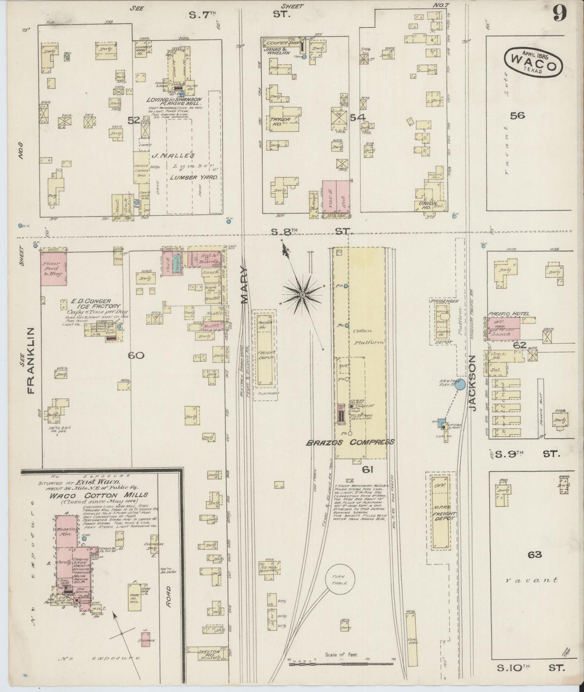 Sanborn Fire Insurance Map from Waco, McLennan County, Texas (1885), Sheet #0009 - Historic Sanborn Fire Insurance Map Print, vintage old map wall art, antique decor, genealogy gift, Texas Texas map