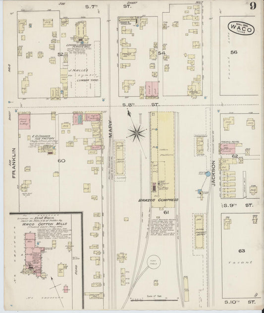 Sanborn Fire Insurance Map from Waco, McLennan County, Texas (1885), Sheet #0009 - Historic Sanborn Fire Insurance Map Print, vintage old map wall art, antique decor, genealogy gift, Texas Texas map