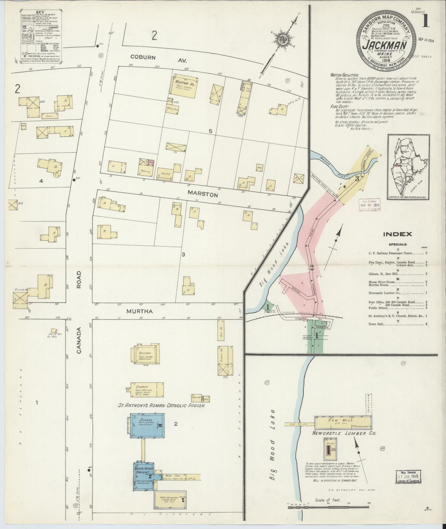 Sanborn Fire Insurance Map from Jackman, Somerset County, Maine (1914), Sheet #0001 - Historic Sanborn Fire Insurance Map Print, vintage old map wall art, antique decor, genealogy gift, Maine Maine map