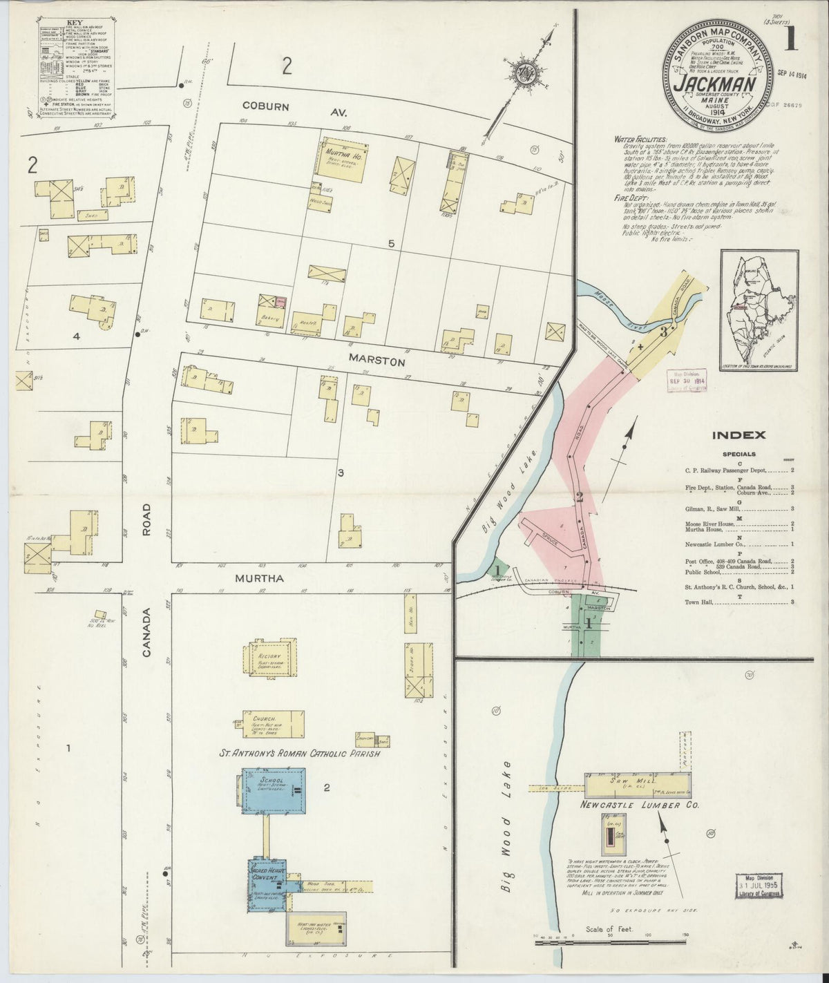 Sanborn Fire Insurance Map from Jackman, Somerset County, Maine (1914), Sheet #0001 - Historic Sanborn Fire Insurance Map Print, vintage old map wall art, antique decor, genealogy gift, Maine Maine map