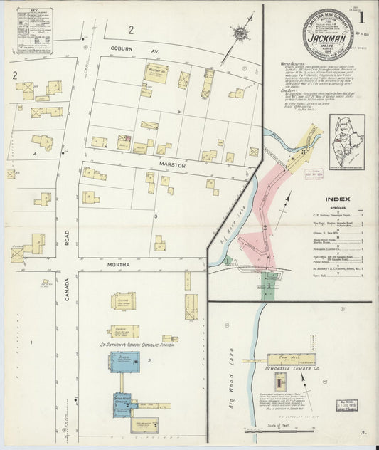 Sanborn Fire Insurance Map from Jackman, Somerset County, Maine (1914), Sheet #0001 - Historic Sanborn Fire Insurance Map Print, vintage old map wall art, antique decor, genealogy gift, Maine Maine map