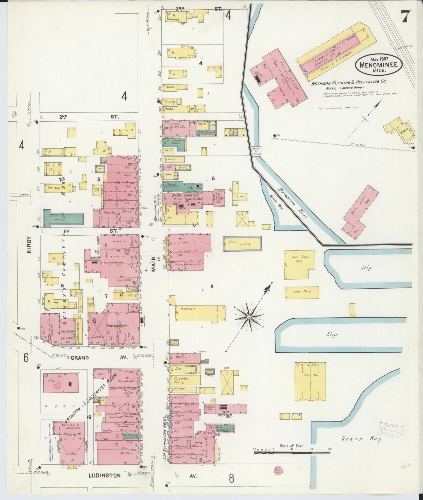 Sanborn Fire Insurance Map from Menominee, Menominee County, Michigan (1907), Sheet #0007 - Historic Sanborn Fire Insurance Map Print, vintage old map wall art, antique decor, genealogy gift, Michigan Michigan map