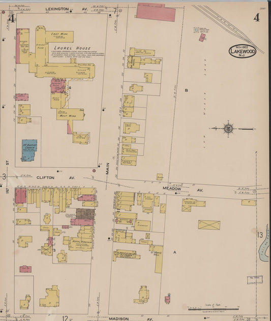Sanborn Fire Insurance Map from Lakewood, Ocean County, New Jersey (1922), Sheet #0004 - Historic Sanborn Fire Insurance Map Print, vintage old map wall art, antique decor, genealogy gift, New Jersey New Jersey map