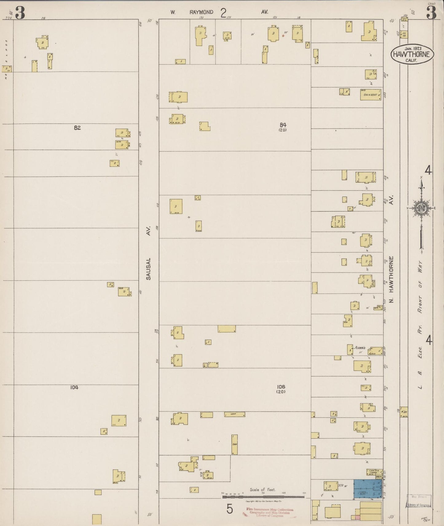 Sanborn Fire Insurance Map from Hawthorne, Los Angeles County, California (1923), Sheet #0003 - Historic Sanborn Fire Insurance Map Print, vintage old map wall art, antique decor, genealogy gift, California California map