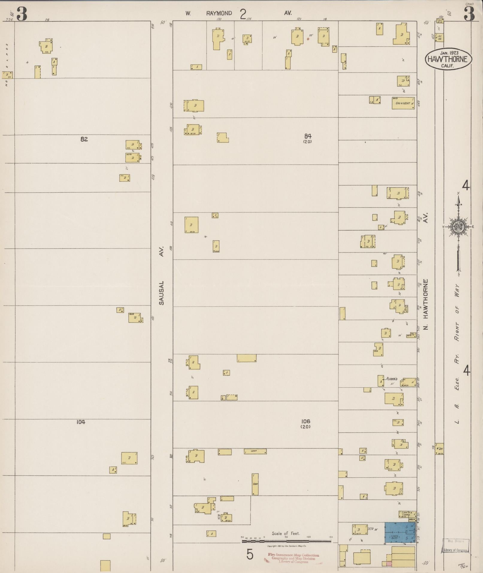 Sanborn Fire Insurance Map from Hawthorne, Los Angeles County, California (1923), Sheet #0003 - Historic Sanborn Fire Insurance Map Print, vintage old map wall art, antique decor, genealogy gift, California California map