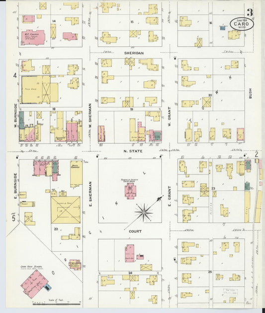 Sanborn Fire Insurance Map from Caro, Tuscola County, Michigan (1909), Sheet #0003 - Historic Sanborn Fire Insurance Map Print, vintage old map wall art, antique decor, genealogy gift, Michigan Michigan map