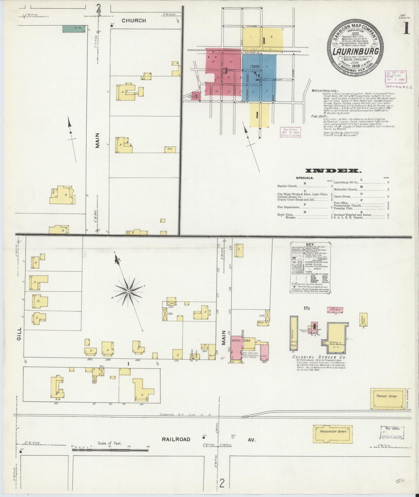 Sanborn Fire Insurance Map from Laurinburg, Scotland County, North Carolina (1909), Sheet #0001 - Complete Map Set gallery image, historic Sanborn map, vintage wall art, North Carolina North Carolina