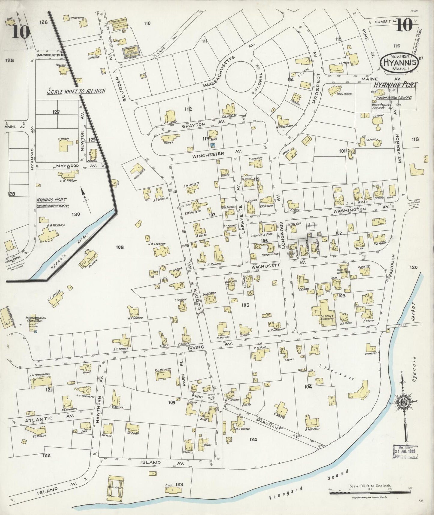 Sanborn Fire Insurance Map from Hyannis, Barnstable County, Massachusetts (1924), Sheet #0010 - Historic Sanborn Fire Insurance Map Print, vintage old map wall art, antique decor, genealogy gift, Massachusetts Massachusetts map