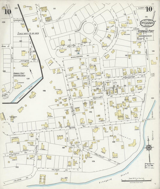 Sanborn Fire Insurance Map from Hyannis, Barnstable County, Massachusetts (1924), Sheet #0010 - Historic Sanborn Fire Insurance Map Print, vintage old map wall art, antique decor, genealogy gift, Massachusetts Massachusetts map