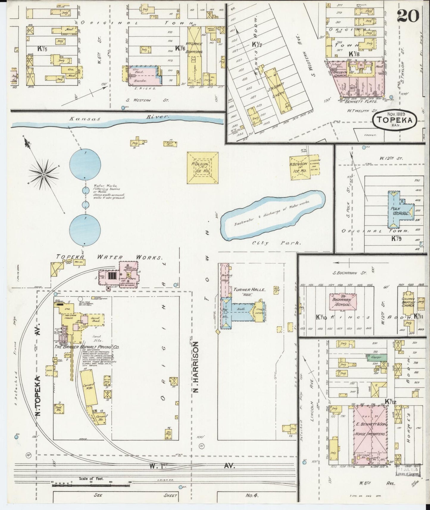 Sanborn Fire Insurance Map from Topeka, Shawnee County, Kansas (1889), Sheet #0021 - Historic Sanborn Fire Insurance Map Print, vintage old map wall art, antique decor, genealogy gift, Kansas Kansas map