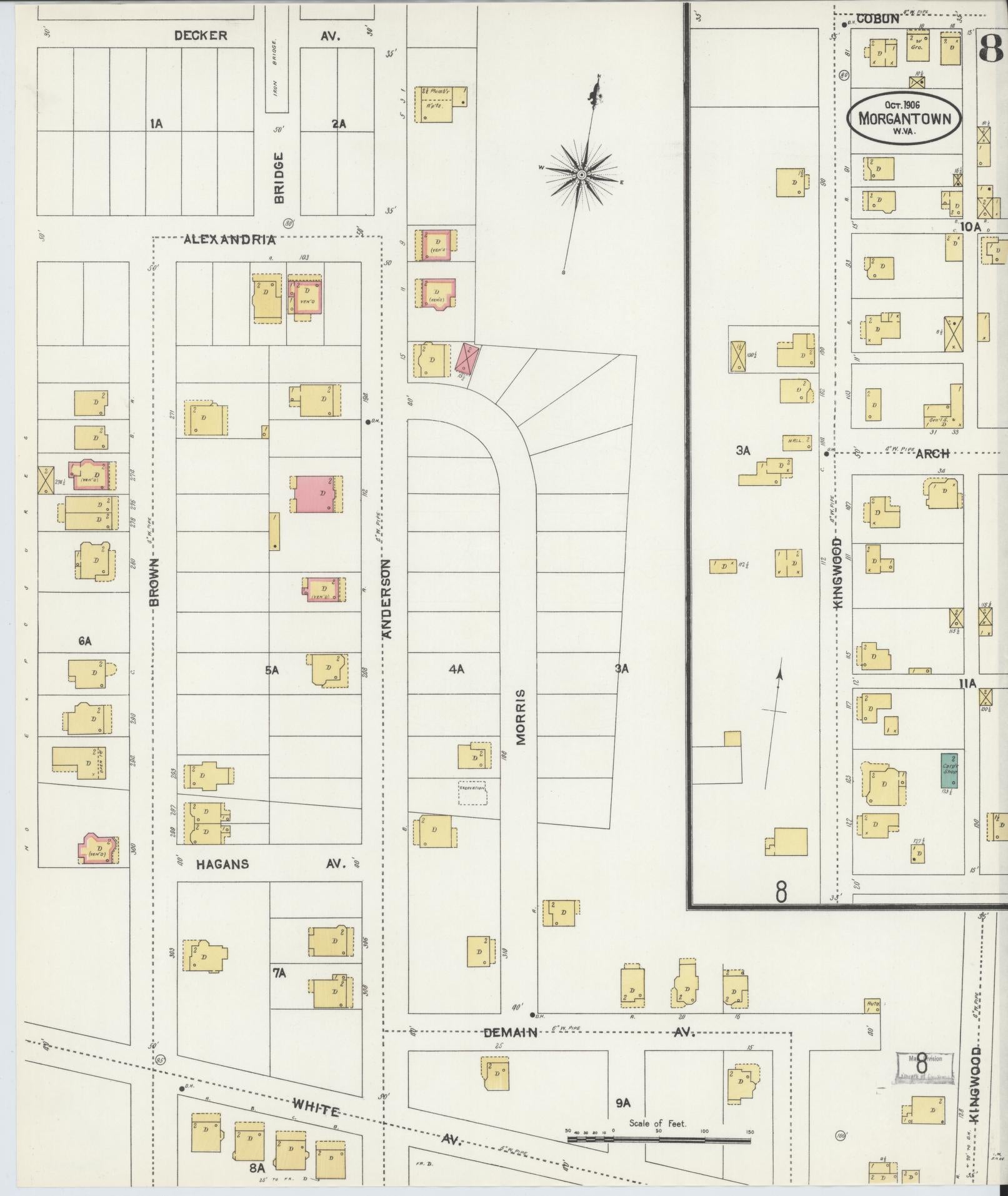 Sanborn Fire Insurance Map from Morgantown, Monongalia County, West Virginia (1906), Sheet #0008 - Historic Sanborn Fire Insurance Map Print, vintage old map wall art, antique decor, genealogy gift, West Virginia West Virginia map