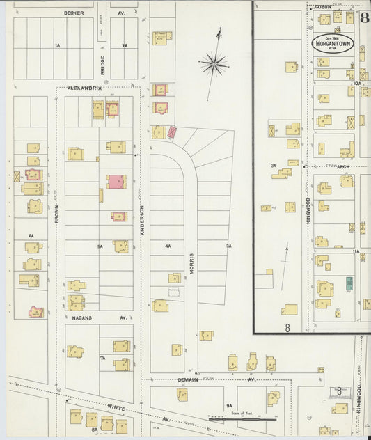 Sanborn Fire Insurance Map from Morgantown, Monongalia County, West Virginia (1906), Sheet #0008 - Historic Sanborn Fire Insurance Map Print, vintage old map wall art, antique decor, genealogy gift, West Virginia West Virginia map