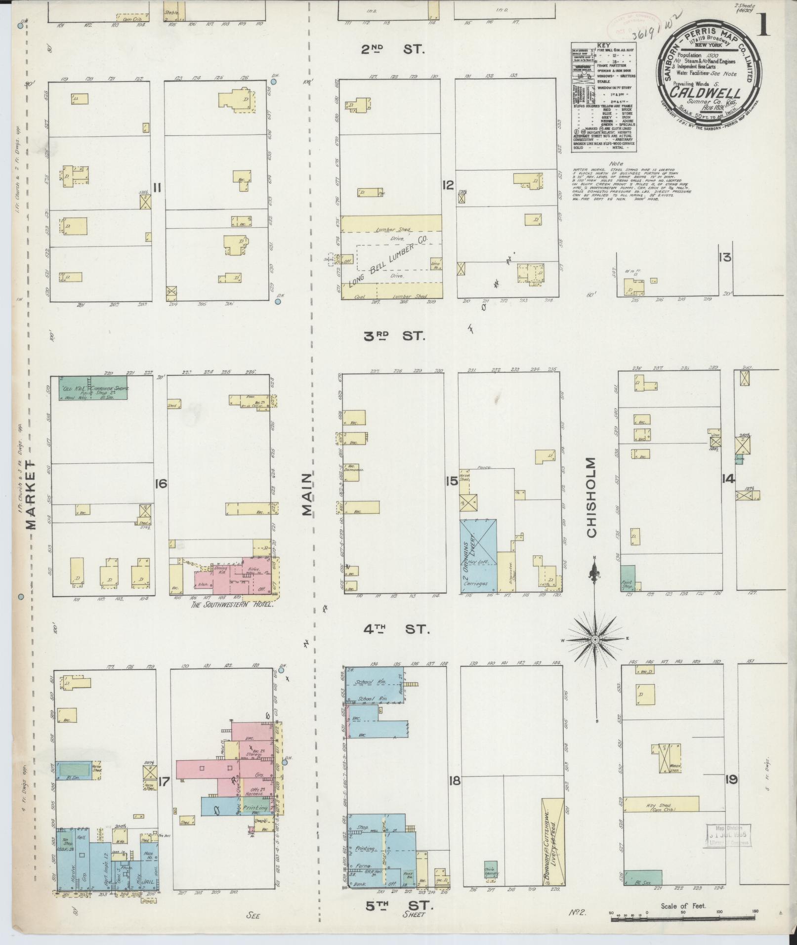 Sanborn Fire Insurance Map from Caldwell, Sumner County, Kansas (1891), Sheet #0001 - Historic Sanborn Fire Insurance Map Print, vintage old map wall art, antique decor, genealogy gift, Kansas Kansas map
