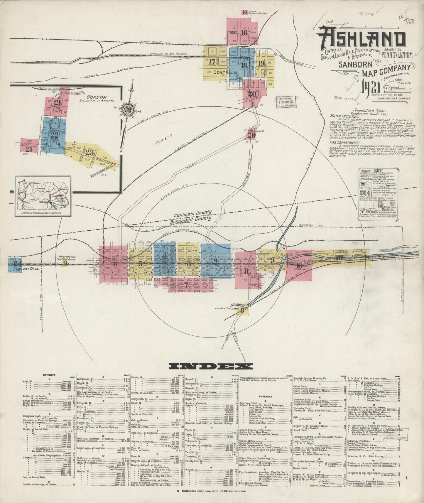 Sanborn Fire Insurance Map from Ashland, Schuylkill County, Pennsylvania (1921), Sheet #0001 - Historic Sanborn Fire Insurance Map Print, vintage old map wall art, antique decor, genealogy gift, Pennsylvania Pennsylvania map