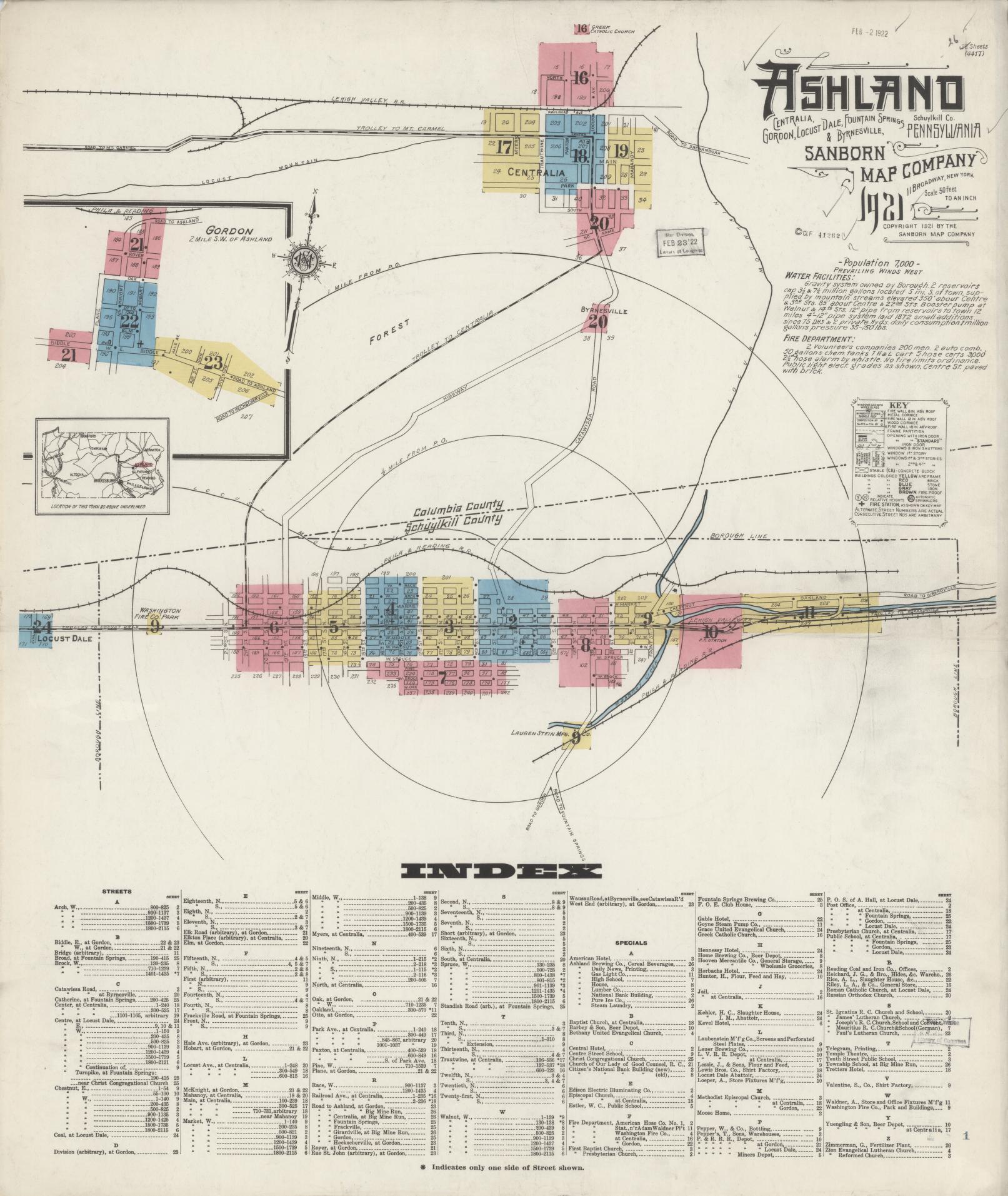 Sanborn Fire Insurance Map from Ashland, Schuylkill County, Pennsylvania (1921), Sheet #0001 - Historic Sanborn Fire Insurance Map Print, vintage old map wall art, antique decor, genealogy gift, Pennsylvania Pennsylvania map