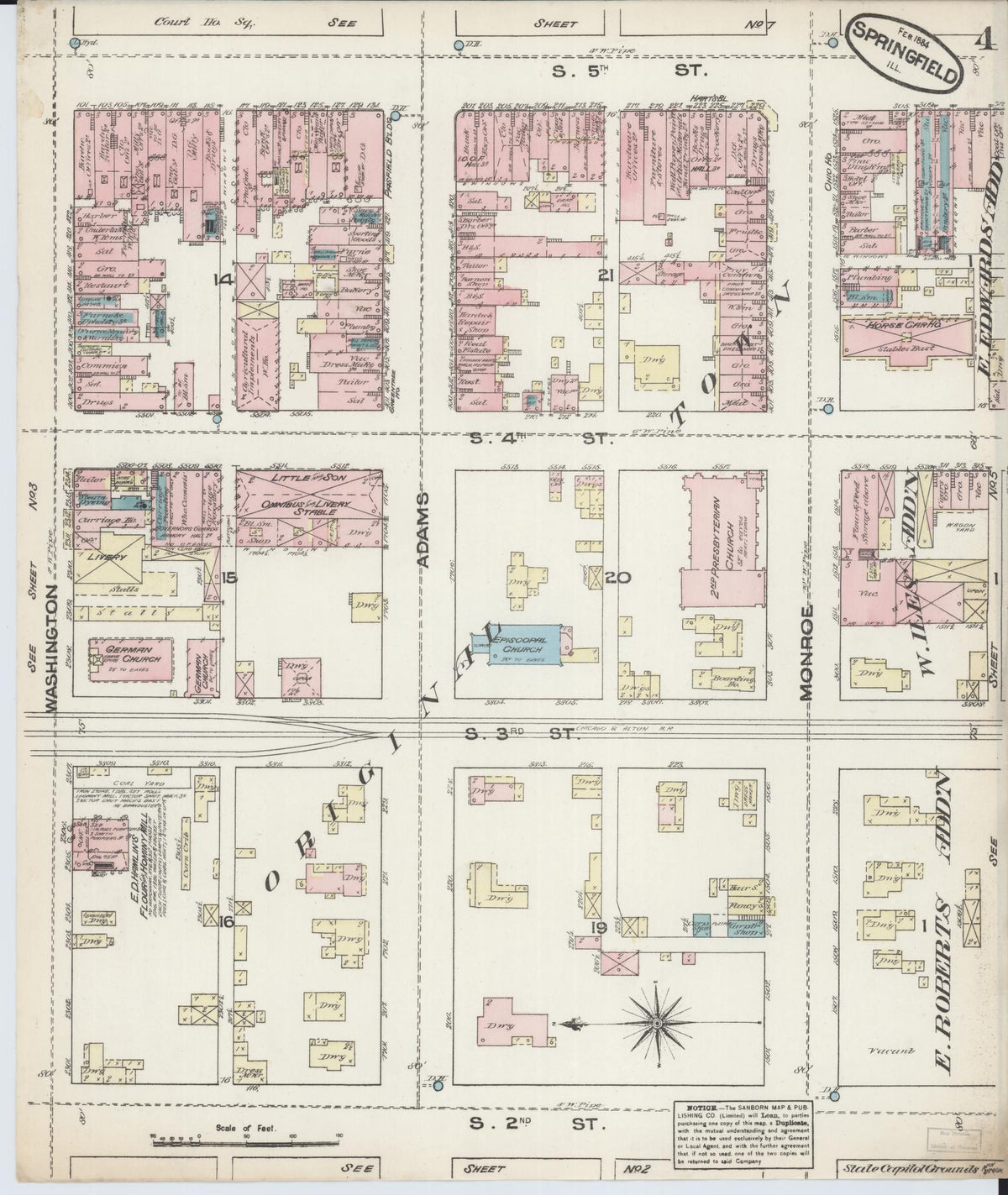 Sanborn Fire Insurance Map from Springfield, Sangamon County, Illinois (1884), Sheet #0004 - Historic Sanborn Fire Insurance Map Print, vintage old map wall art, antique decor, genealogy gift, Illinois Illinois map
