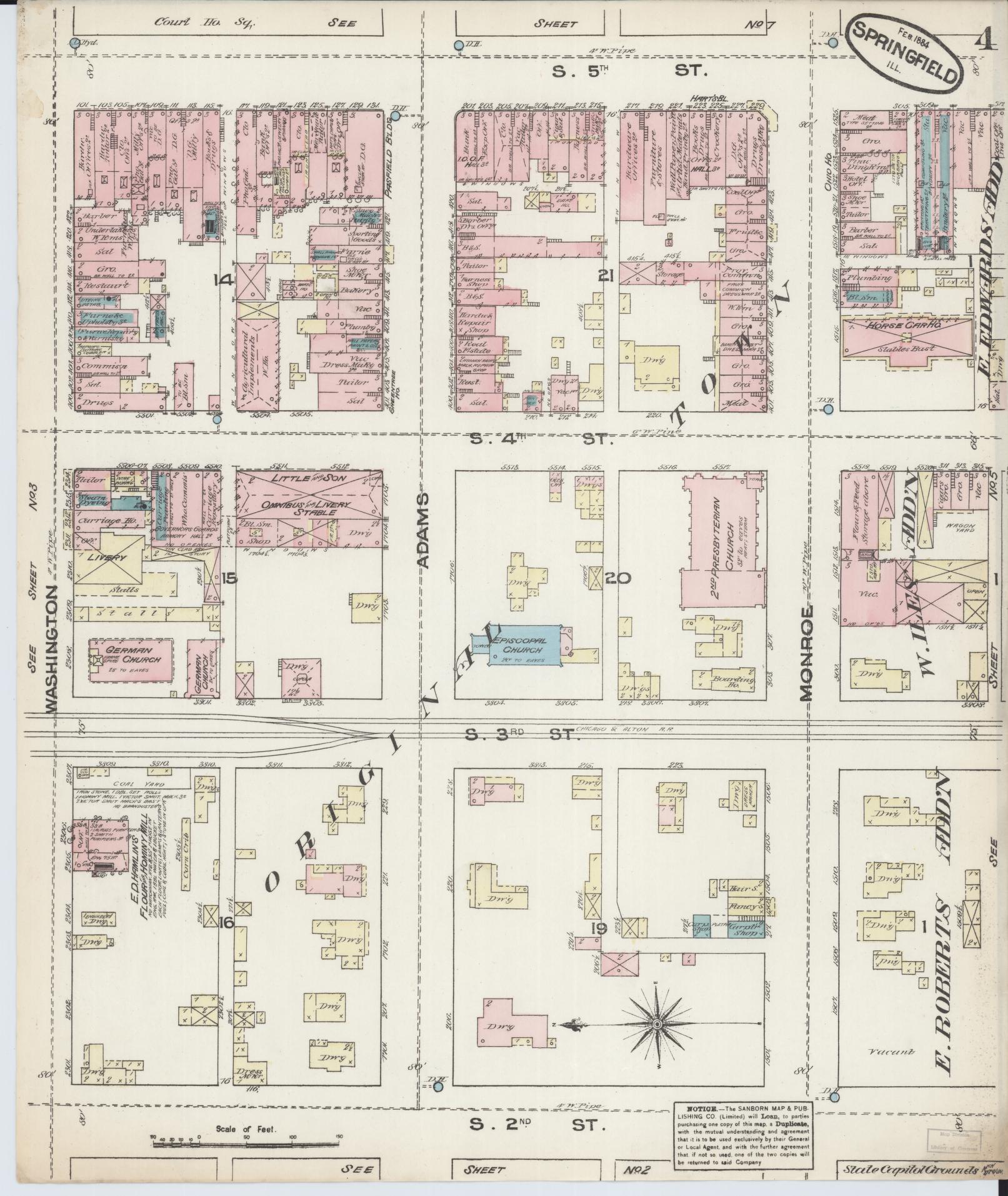 Sanborn Fire Insurance Map from Springfield, Sangamon County, Illinois (1884), Sheet #0004 - Historic Sanborn Fire Insurance Map Print, vintage old map wall art, antique decor, genealogy gift, Illinois Illinois map