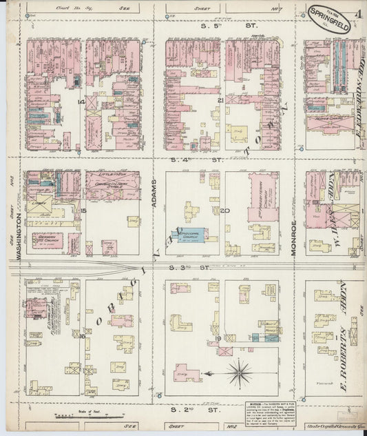 Sanborn Fire Insurance Map from Springfield, Sangamon County, Illinois (1884), Sheet #0004 - Historic Sanborn Fire Insurance Map Print, vintage old map wall art, antique decor, genealogy gift, Illinois Illinois map