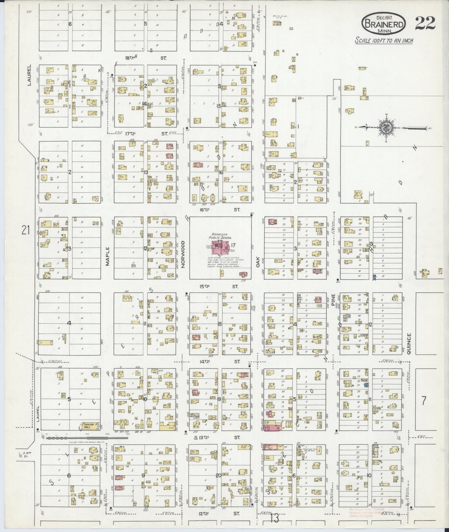 Sanborn Fire Insurance Map from Brainerd, Crow Wing County, Minnesota (1917), Sheet #0022 - Historic Sanborn Fire Insurance Map Print, vintage old map wall art, antique decor, genealogy gift, Minnesota Minnesota map