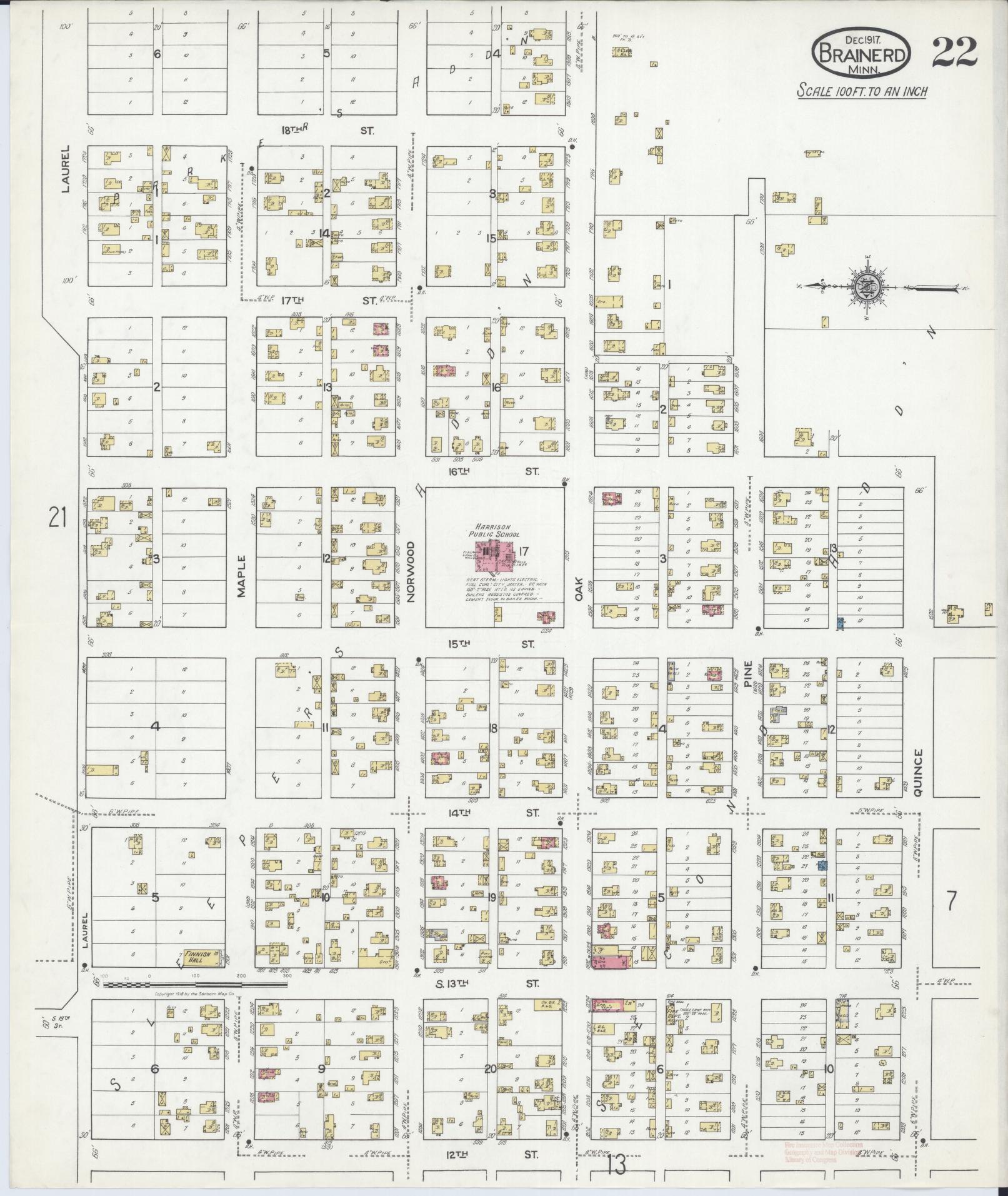 Sanborn Fire Insurance Map from Brainerd, Crow Wing County, Minnesota (1917), Sheet #0022 - Historic Sanborn Fire Insurance Map Print, vintage old map wall art, antique decor, genealogy gift, Minnesota Minnesota map