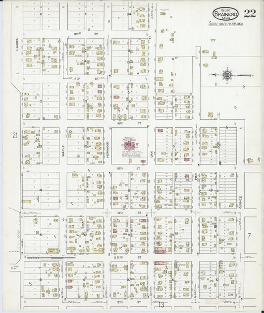 Sanborn Fire Insurance Map from Brainerd, Crow Wing County, Minnesota (1917), Sheet #0022 - Historic Sanborn Fire Insurance Map Print, vintage old map wall art, antique decor, genealogy gift, Minnesota Minnesota map