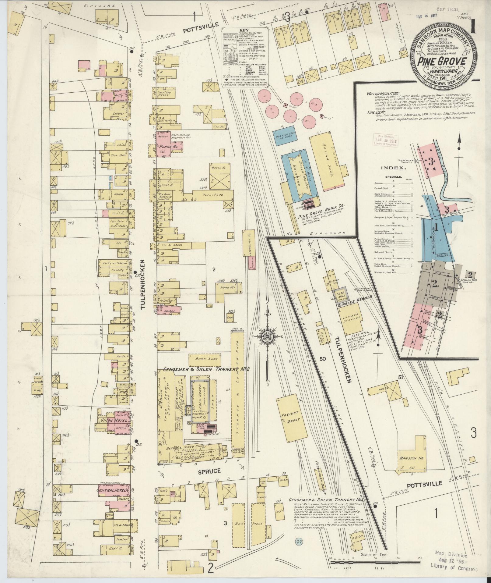 Sanborn Fire Insurance Map from Pine Grove, Schuylkill County, Pennsylvania (1911), Sheet #0001 - Complete Map Set gallery image, historic Sanborn map, vintage wall art, Pennsylvania Pennsylvania