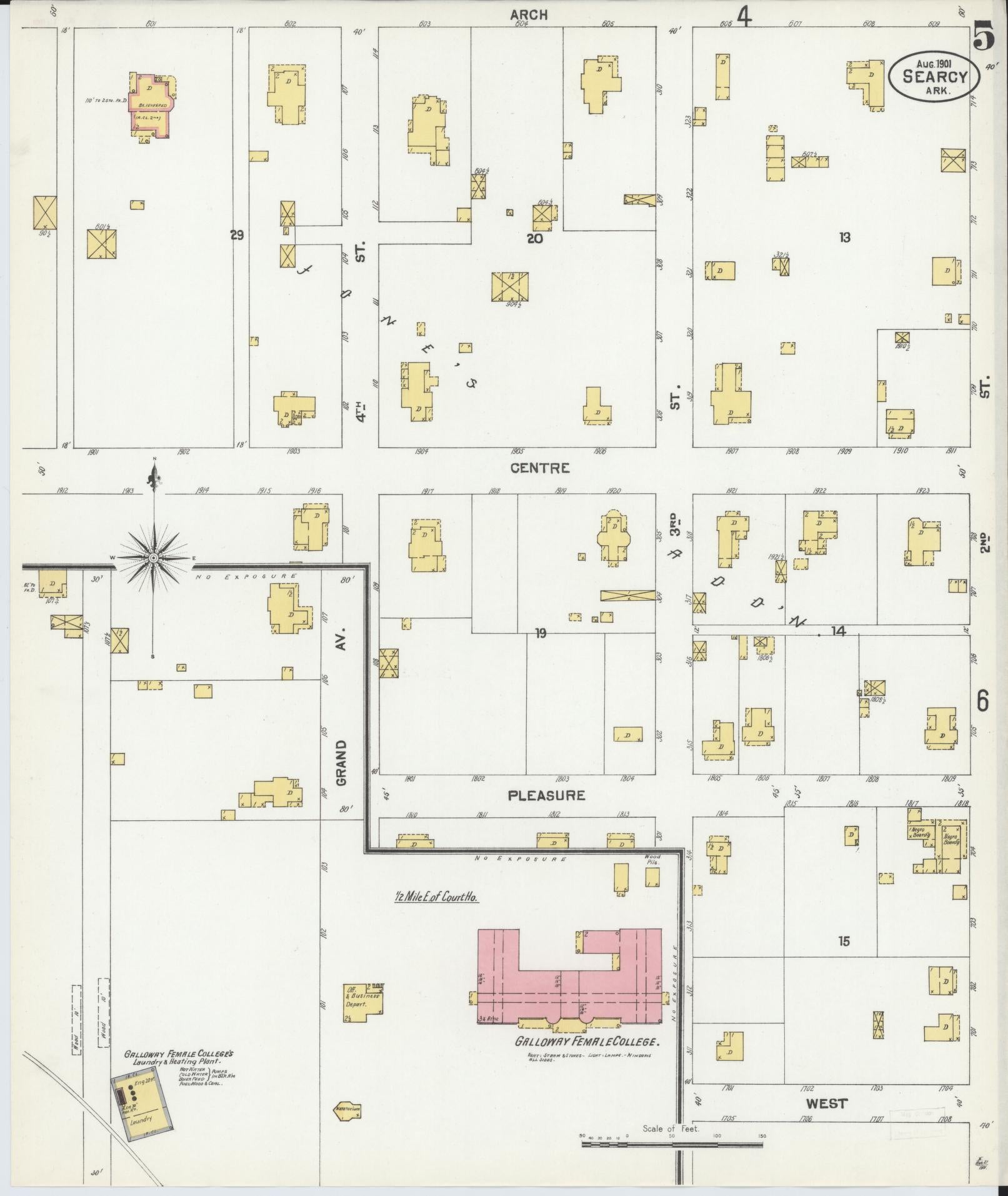 Sanborn Fire Insurance Map from Searcy, White County, Arkansas (1901), Sheet #0005 - Historic Sanborn Fire Insurance Map Print, vintage old map wall art, antique decor, genealogy gift, Arkansas Arkansas map