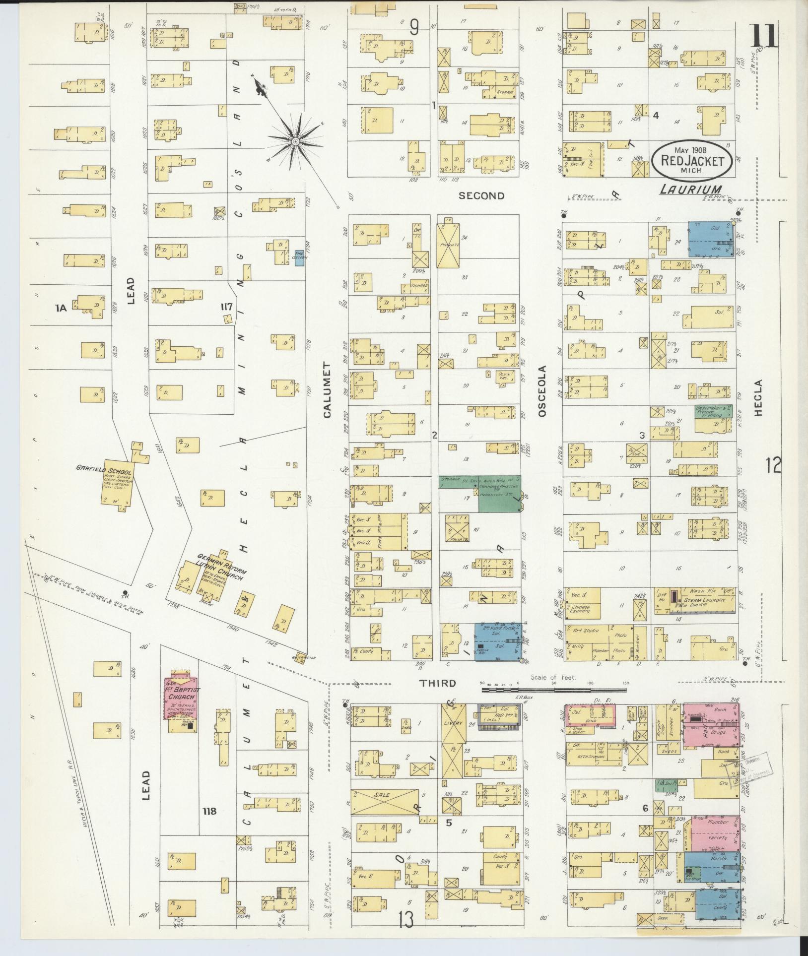 Sanborn Fire Insurance Map from Red Jacket, Houghton County, Michigan (1908), Sheet #0011 - Complete Map Set gallery image, historic Sanborn map, vintage wall art, Michigan Michigan